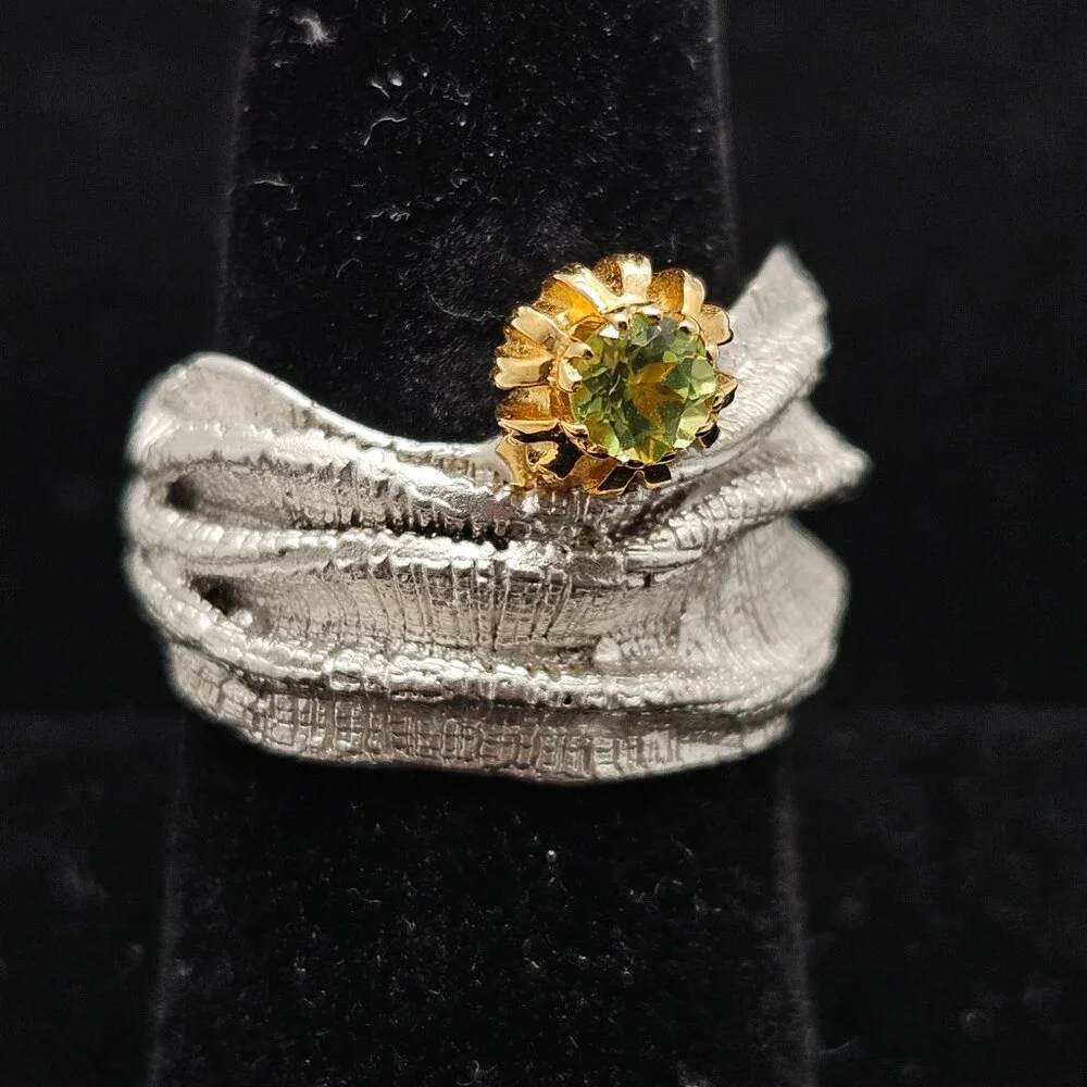 German Kabirski 925 Silver Blessing Peridot Ring sz 7.5 Gold Plated Rhodium